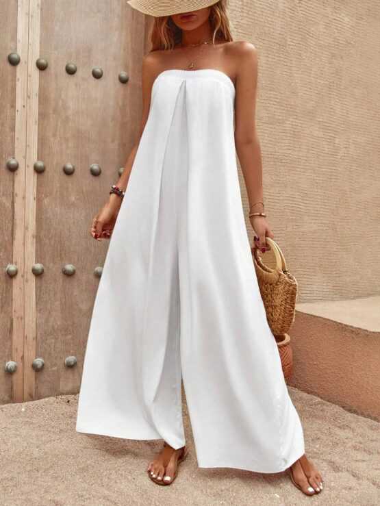 Solid Tie Back Shirred Tube Wide Leg Jumpsuit