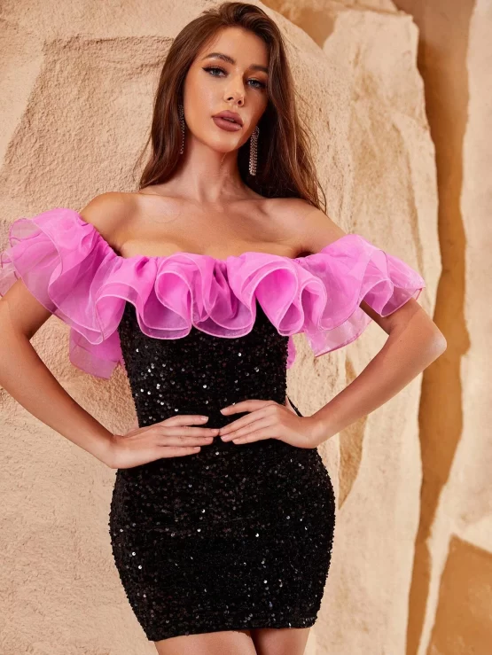 Off Shoulder Exaggerated Ruffle Trim Sequin Bodycon Dress