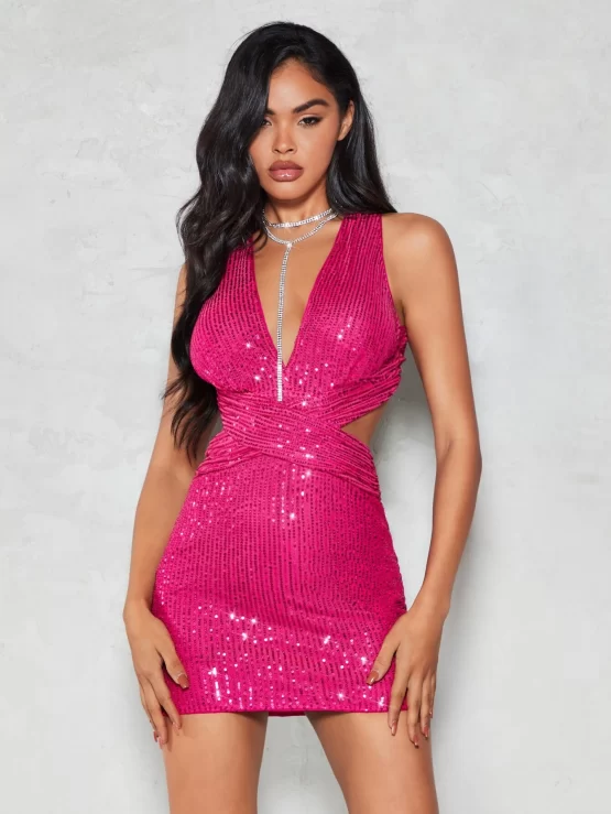 BAE Plunging Neck Cut Out Sequin Bodycon Dress