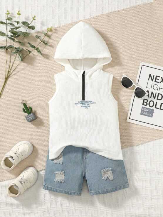 Toddler Boys Slogan Graphic Hooded Tank Top & Ripped Denim Shorts