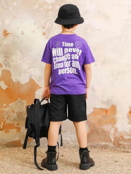 Boys Slogan Graphic Drop Shoulder Tee & Flap Pocket Shorts