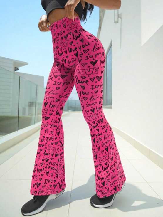Letter Graphic High Waist Flare Sports Leg Pants