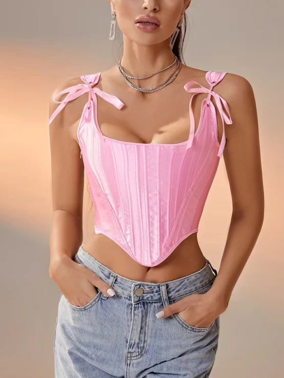 Lace Up Back Asymmetrical Hem Boned Corset Knot Shoulder Top