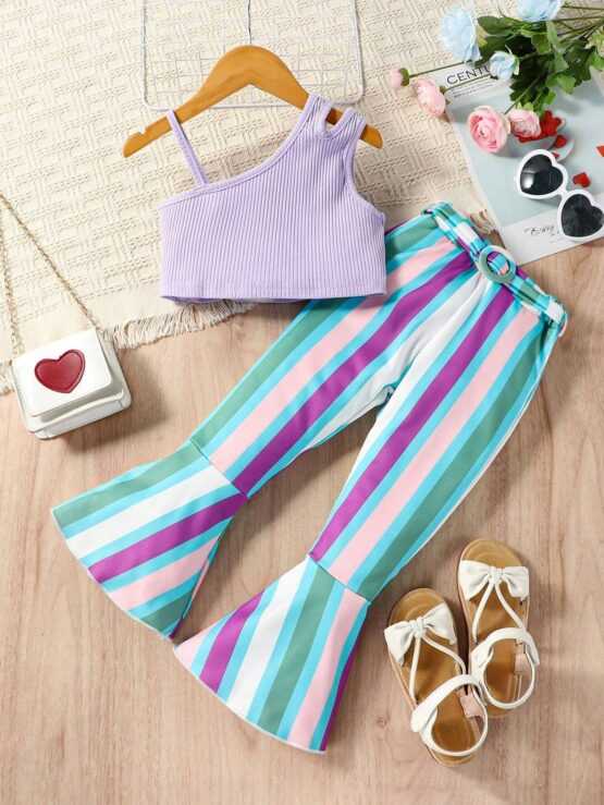 Toddler Girls Asymmetrical Neck Top & Block Striped Flare Leg Pants