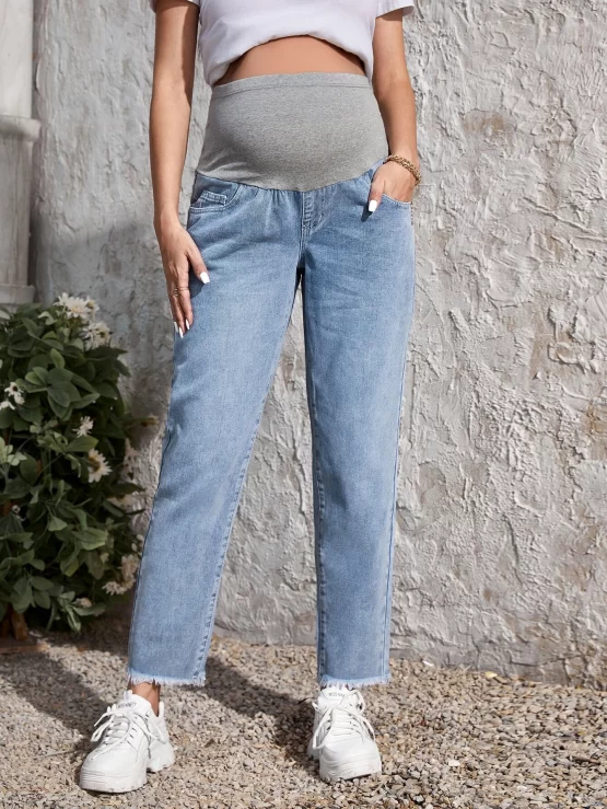 Maternity Color Block Pocket Raw Hem Jeans