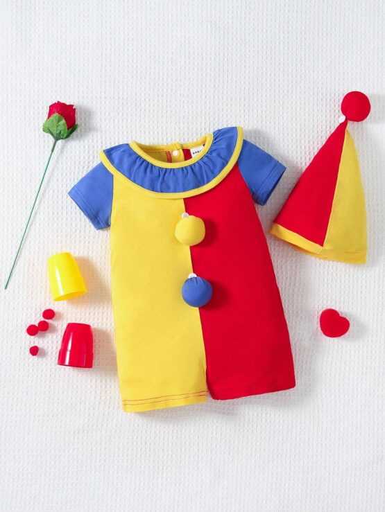 Baby Color Block Pom Pom Detail Back Costume Button Romper