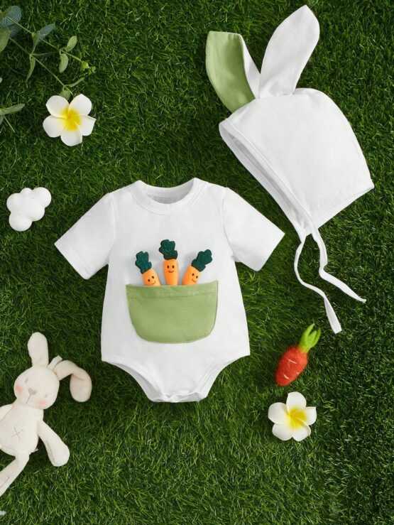 Newborn Baby Cartoon Graphic Costume Button Bodysuit With Hat
