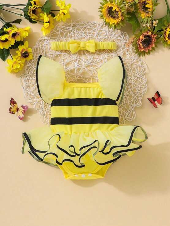 Baby Striped Contrast Mesh Ruffle Trim Bodysuit