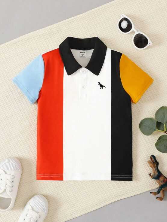 Toddler Boys Color Block Dinosaur Print Polo Shirt