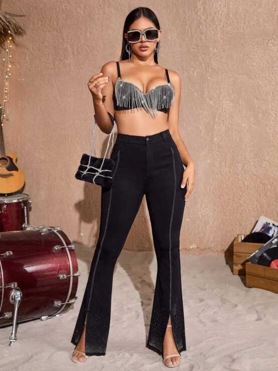 Apperloth A Rhinestone Fringe Trim Bustier Crop Cami Top