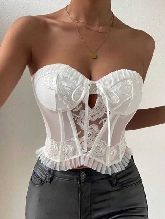 BAE Contrast Lace Sexy Tie Front Frill Trim Tube Detail Top