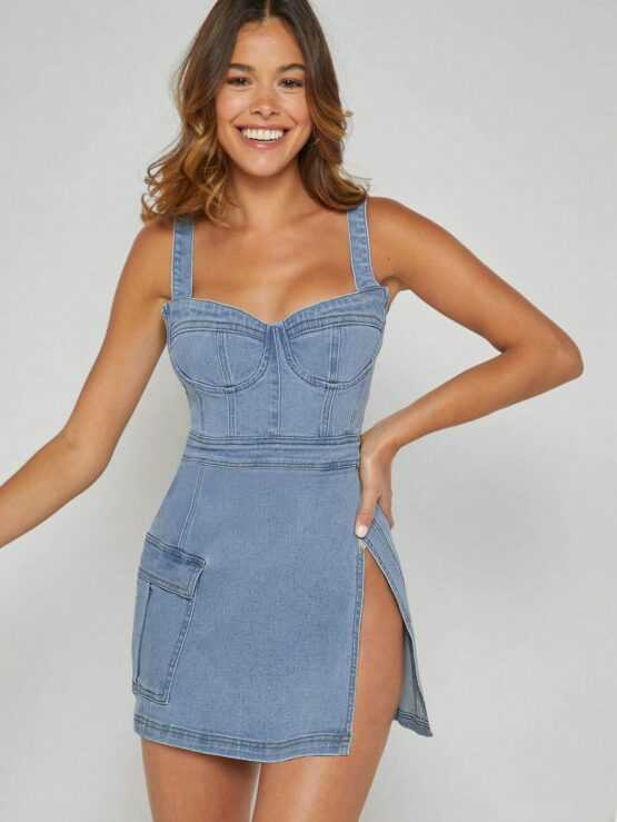 EVERGLOW Sexy Denim Split Thigh Dress