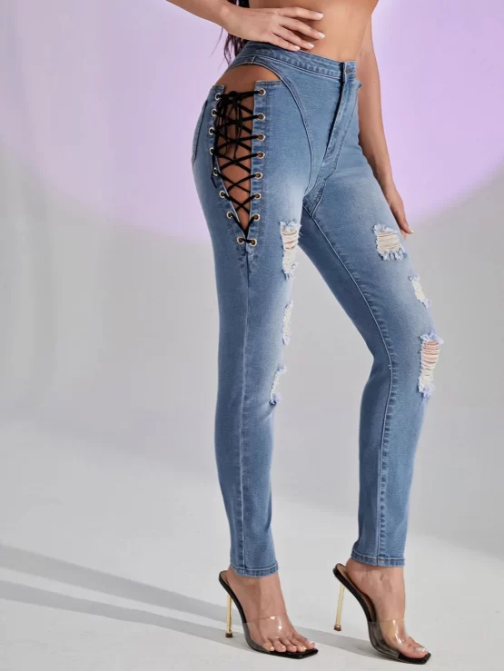Lace Up Zipper Fly Ripped Skinny Jeans