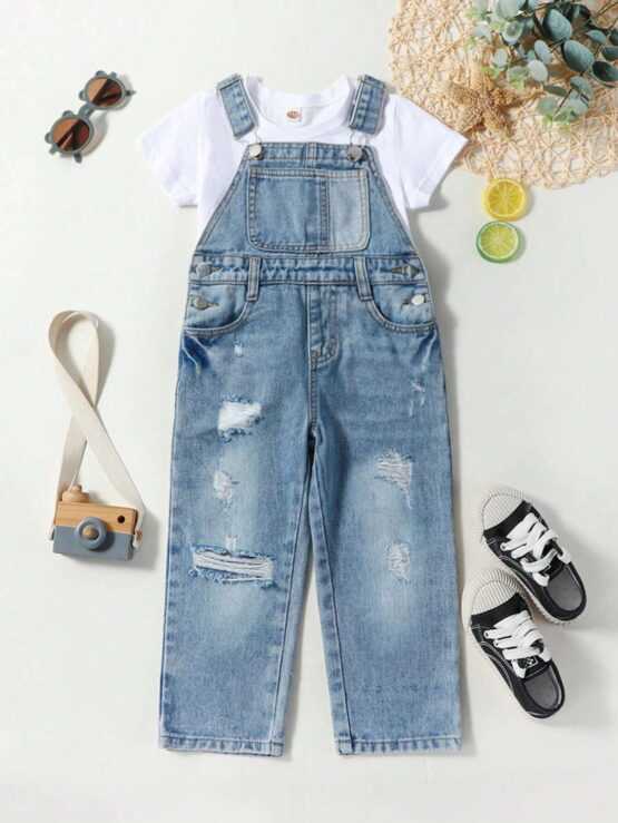 Toddler Boys Ripped Frayed Patched Denim Pocket Overalls