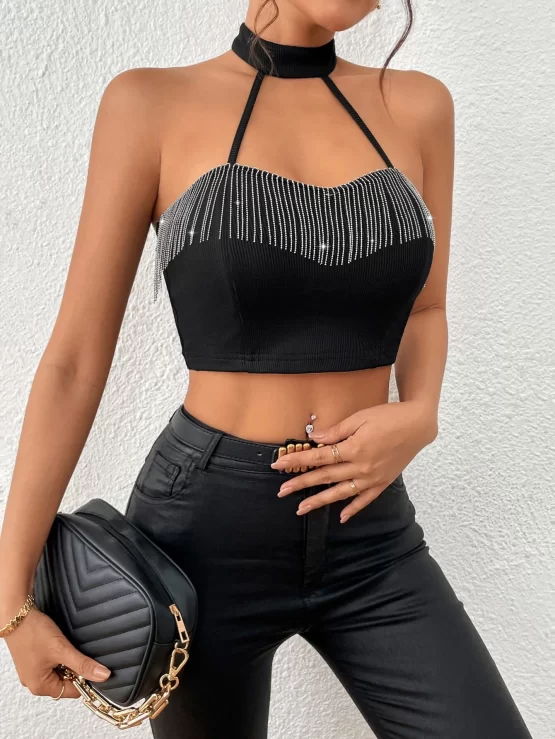 BAE Fringe Backless Sexy Trim Halter Top