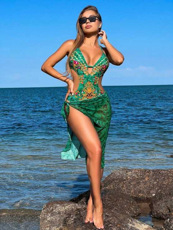 All Over Print Cut Out One Piece Bikini Swimsuit With Beach Skirt