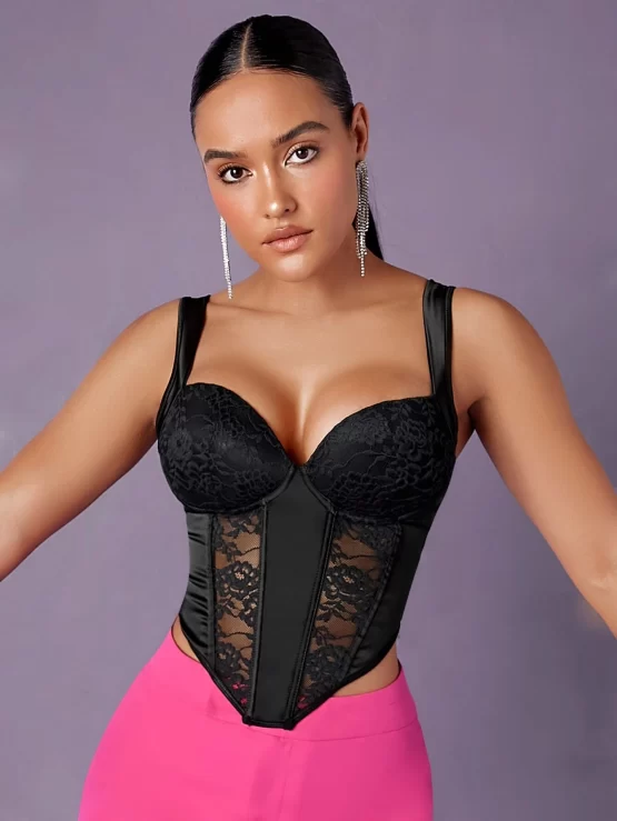 Lace Panel Asymmetrical Hem Bustier Cami Top