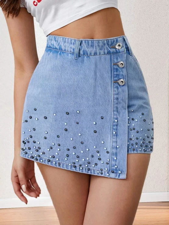 Rhinestone Detail Button Front Denim Skort