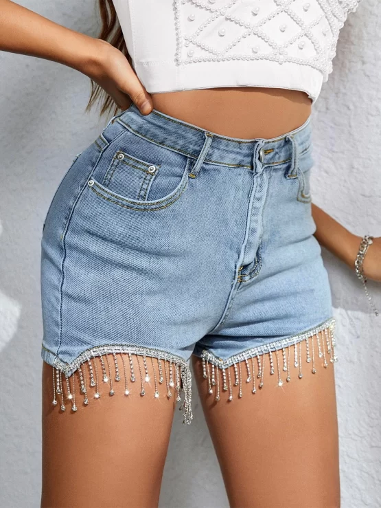High Waist Rhinestone Fringe Trim Denim Shorts