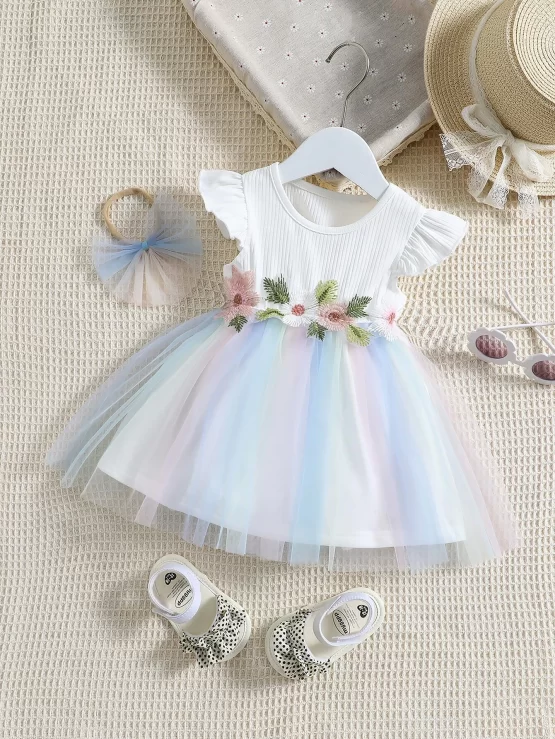 Baby Appliques Detail Flutter Sleeve Ombre Overlay Mesh Dress Headband