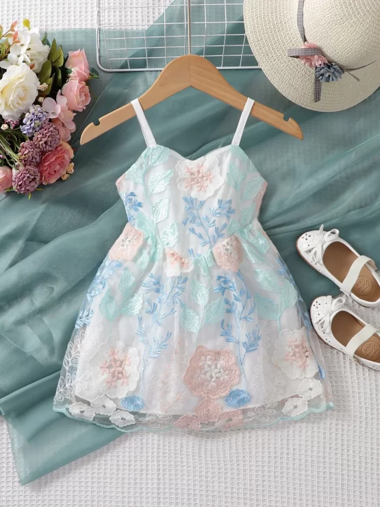 Baby Floral Embroidery Mesh Overlay Cami Dress