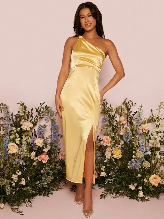 Belle One Shoulder Split Thigh Bridesmaid Satin Dress