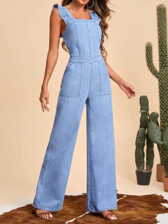 Frenchy Ruffle Trim Wide Leg Denim Jumpsuit