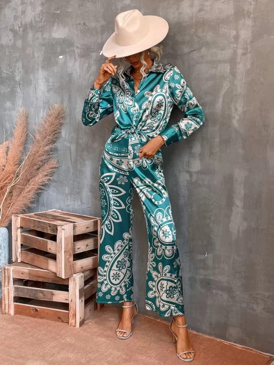 Floral & Paisley Boho Print Satin Shirt & Pants