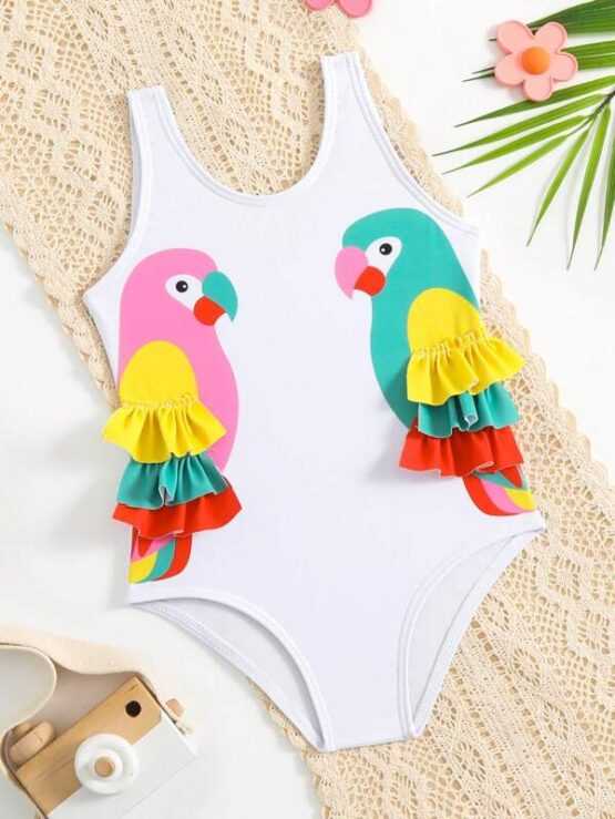Baby Parrot Print Ruffle Trim One Piece Swimsuit