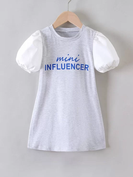 Toddler Girls Letter Graphic Contrast Lantern Sleeve Dress