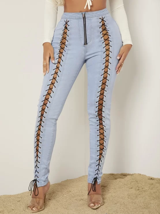 Zip Up Grommet Eyelet Lace Up Skinny Jeans