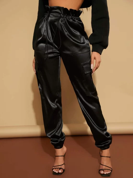 Drawstring Pocket Front Paperbag Waist Pants