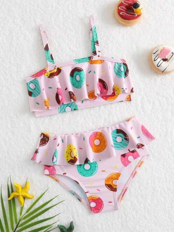 Baby Donuts Print Ruffle Trim Bikini Swimsuit