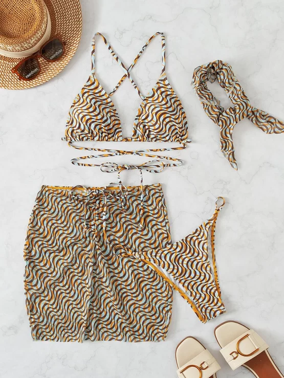 All Over Print Lace Up Bikini Swimsuit Triangle Bra Top & Thong & Bandana & Beach Skirt