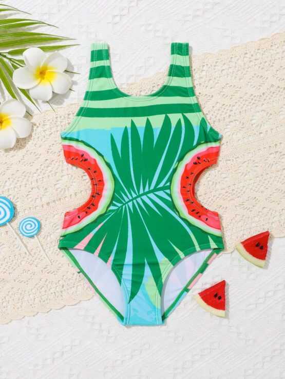 Baby Watermelon & Tropical Print Cut Out Waist One Piece Swimsuit