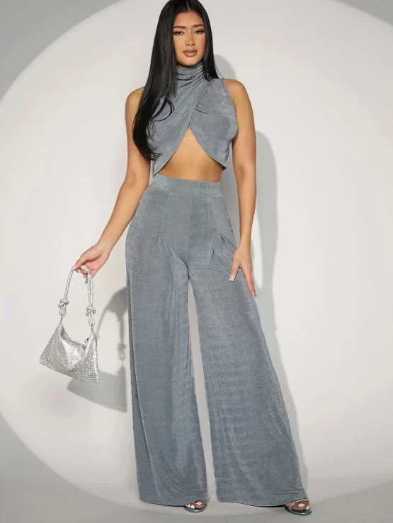 Mock Neck Wrap Cross Crop Tank Top & Wide Leg Pants