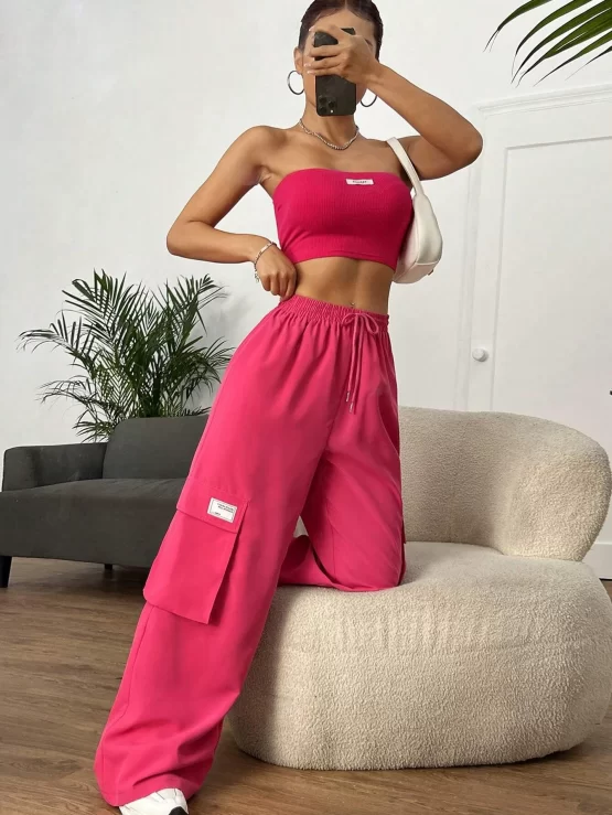 EZwear Letter Patched Tube Top & Drawstring Waist Cargo Pants