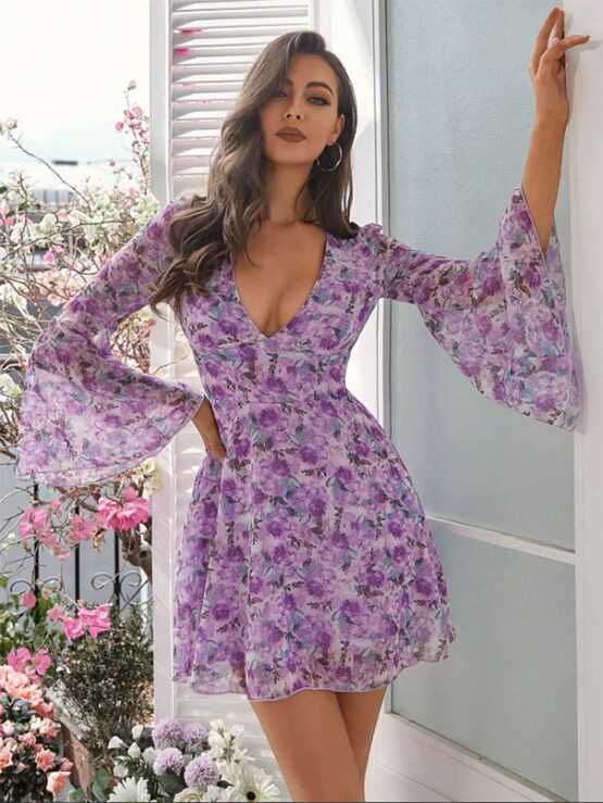 Double Crazy Floral Print Flounce Sleeve Plunging Neck Flared Hem Dress