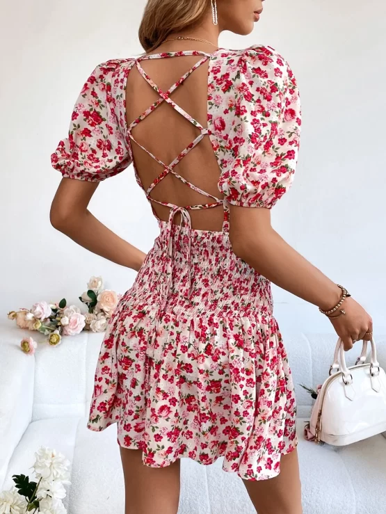 Floral All Over Print Lace Up Tie Backless Dress