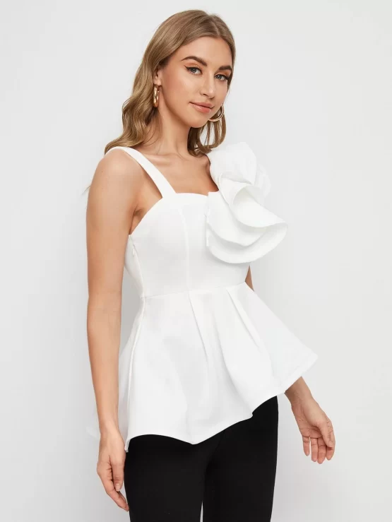 Mulvari Asymmetrical Neck Ruffle Trim Peplum Top - Image 2
