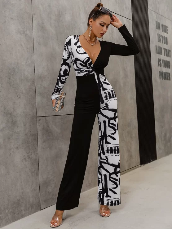 Glamaker Plunging Neck Color Block Front Jumpsuit - Image 3