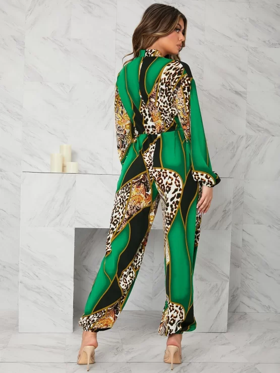 EMERY ROSE Leopard Geometric Print Lantern Sleeve Tank Jumpsuit - Image 2