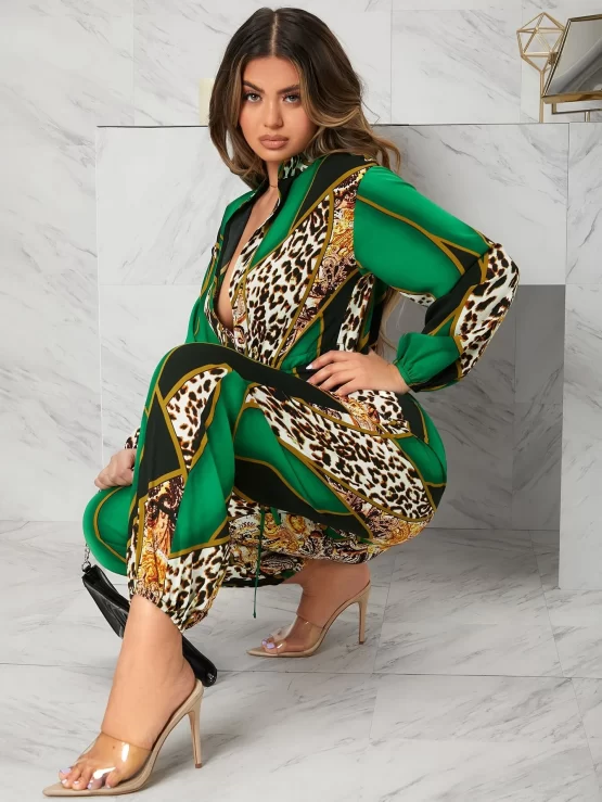 EMERY ROSE Leopard Geometric Print Lantern Sleeve Tank Jumpsuit - Image 3