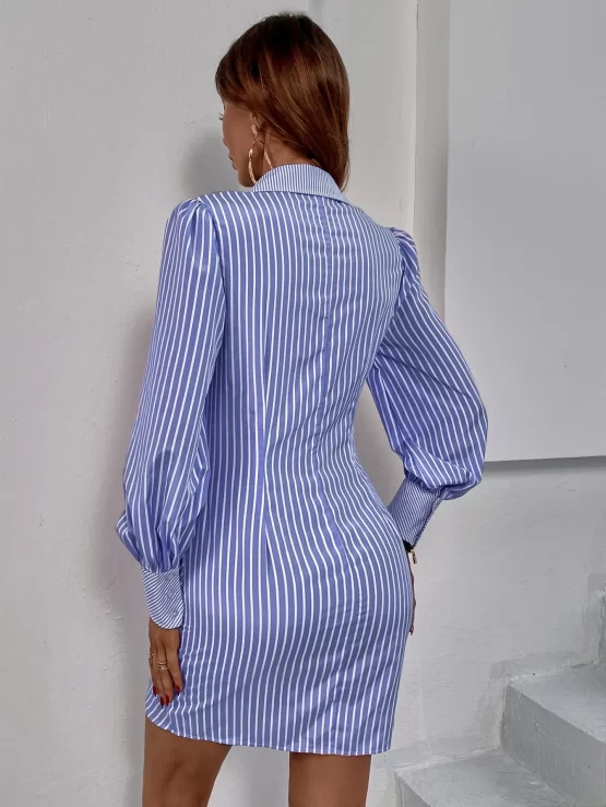 Striped Collar Elegant Button Front Shirt Dress - Image 6