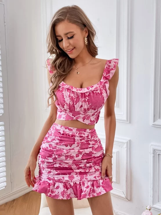VCAY Floral Print Ruffle Trim Tie Back Top & Ruched Bodycon Skirt - Image 2