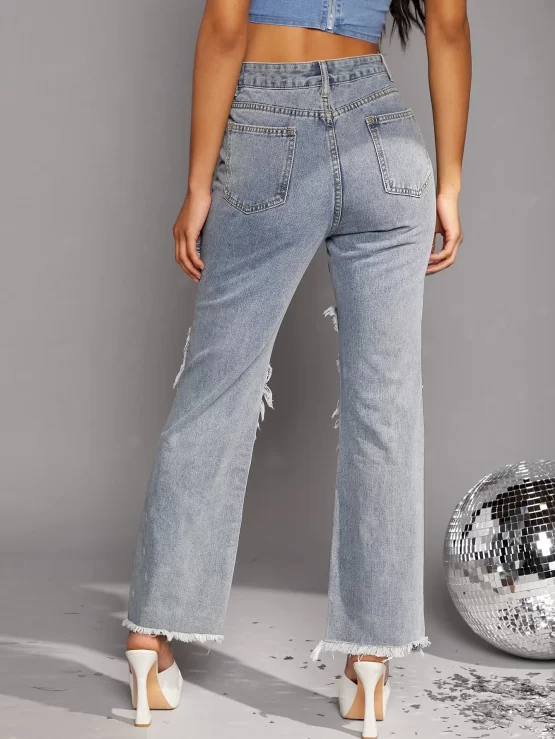 Raw Hem Trim Zipper Straight Leg Jeans - Image 3