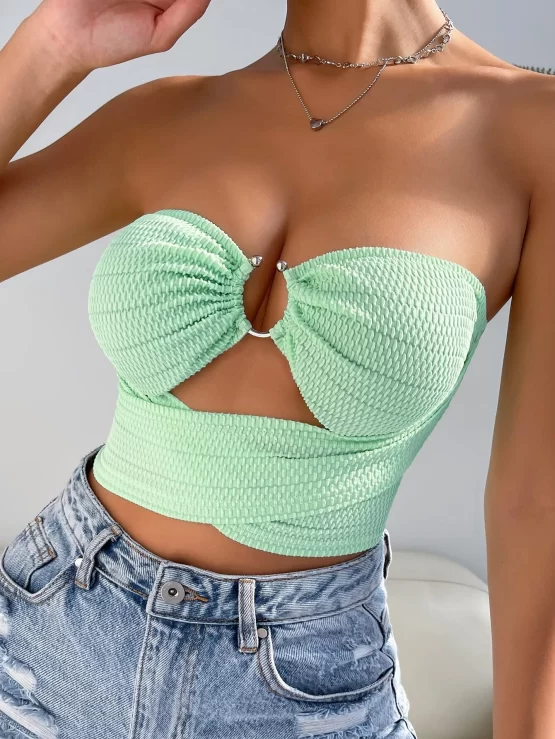 Ring Linked Cut Out Wrap Tie Back Tube Crop Top - Image 3