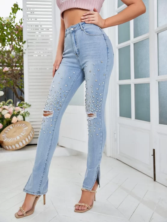 Studded Detail Ripped Split Hem Skinny Jeans - Image 3