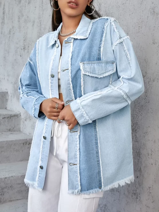EZwear Two Tone Raw Trim Denim Drop Shoulder Coat - Image 2
