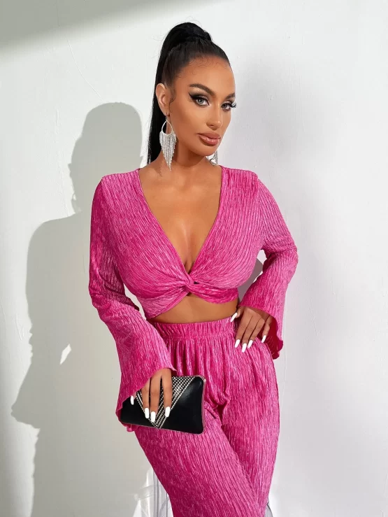 Twist Front Elegant Crop Top & Wide Leg Pants - Image 2